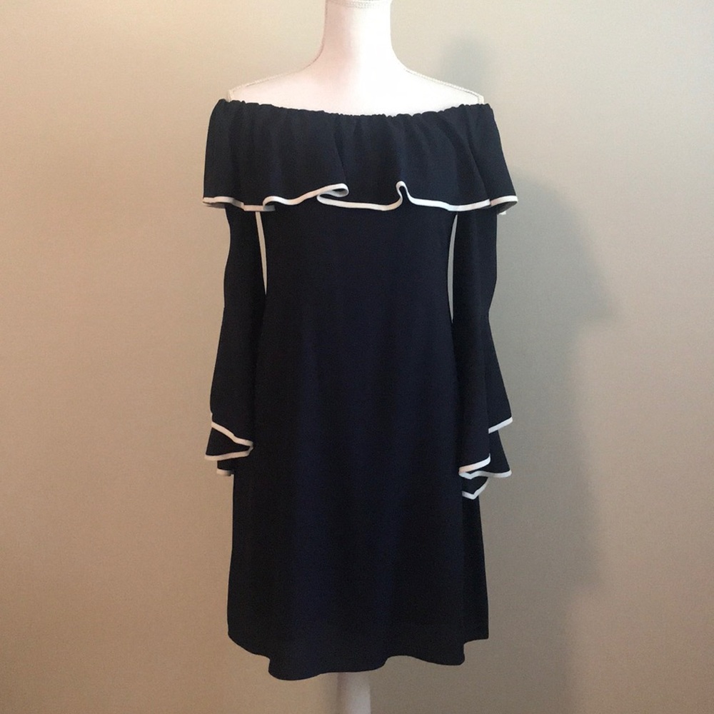 Taylor Bell Sleeve Dress Navy w/ white trim